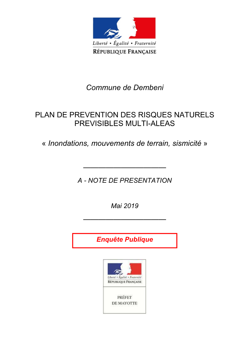 Commune De Dembeni PLAN DE PREVENTION DES RISQUES