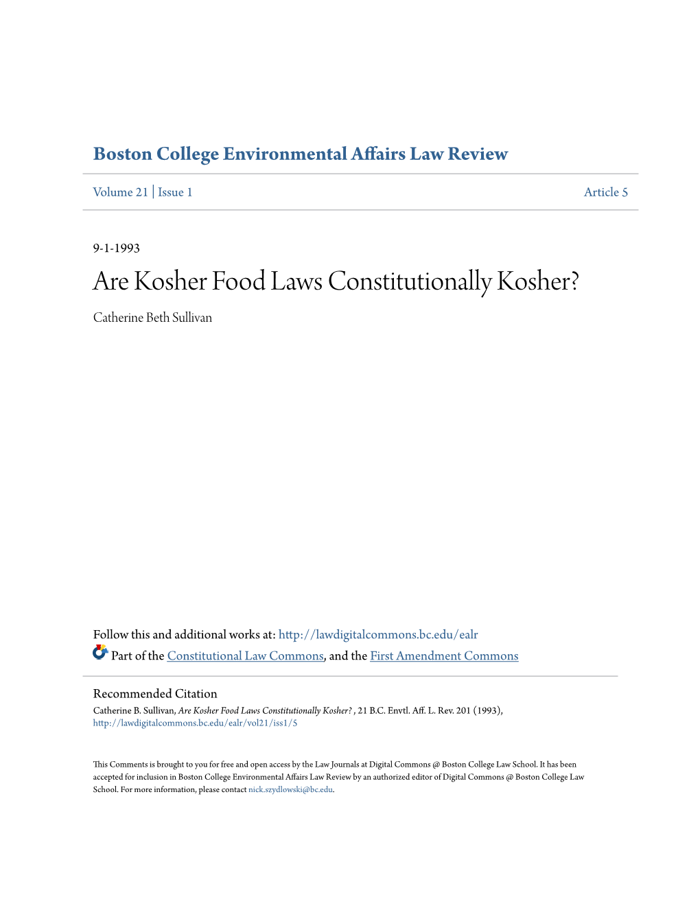 Are Kosher Food Laws Constitutionally Kosher? Catherine Beth Sullivan
