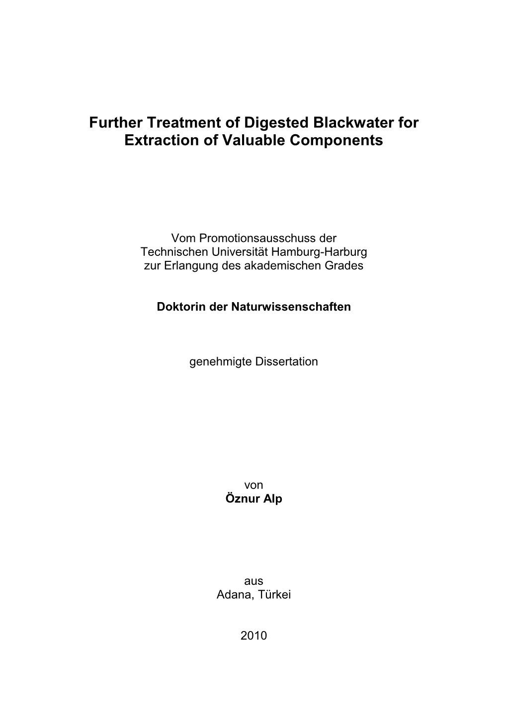 Further Treatment of Digested Blackwater for Extraction of Valuable Components