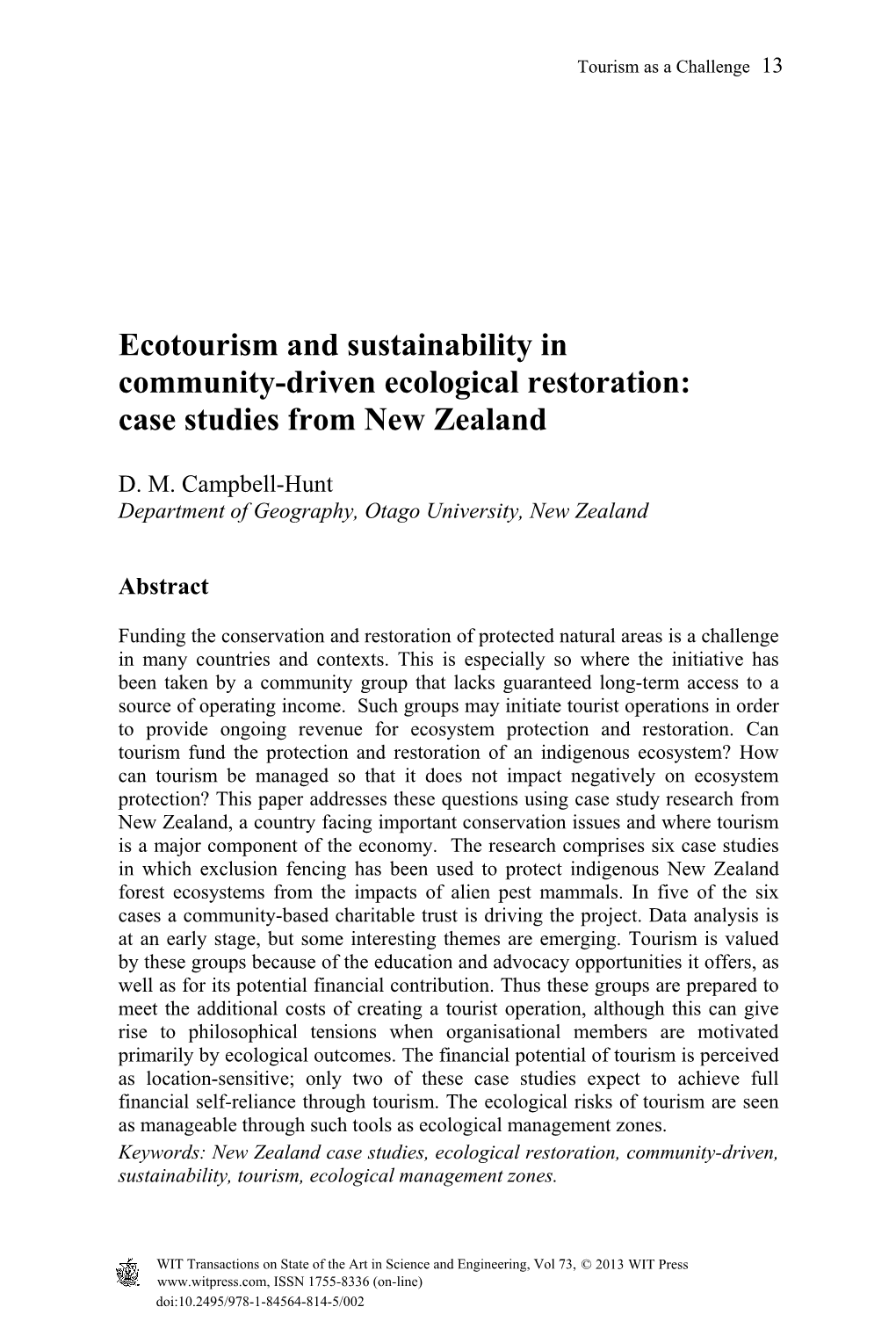 Ecotourism and Sustainability in Community-Driven Ecological Restoration: Case Studies from New Zealand