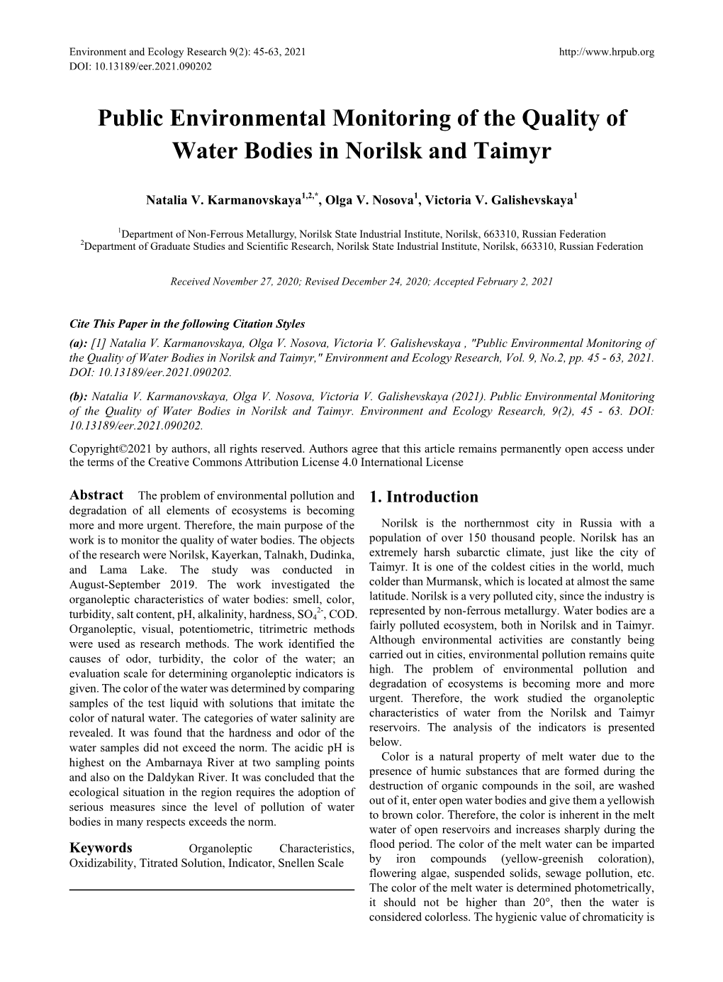 Public Environmental Monitoring of the Quality of Water Bodies in Norilsk and Taimyr