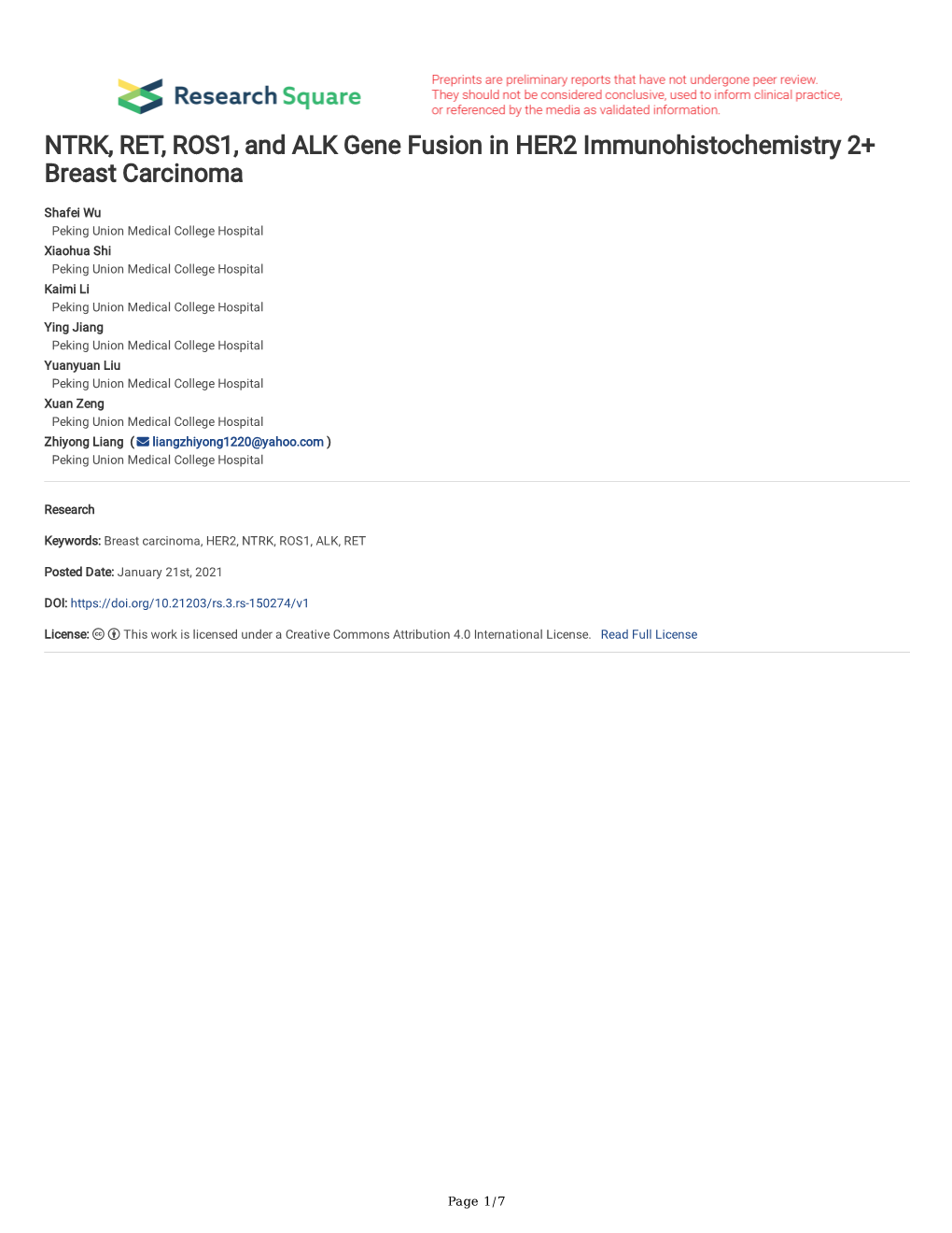 NTRK, RET, ROS1, and ALK Gene Fusion in HER2 Immunohistochemistry 2+ Breast Carcinoma