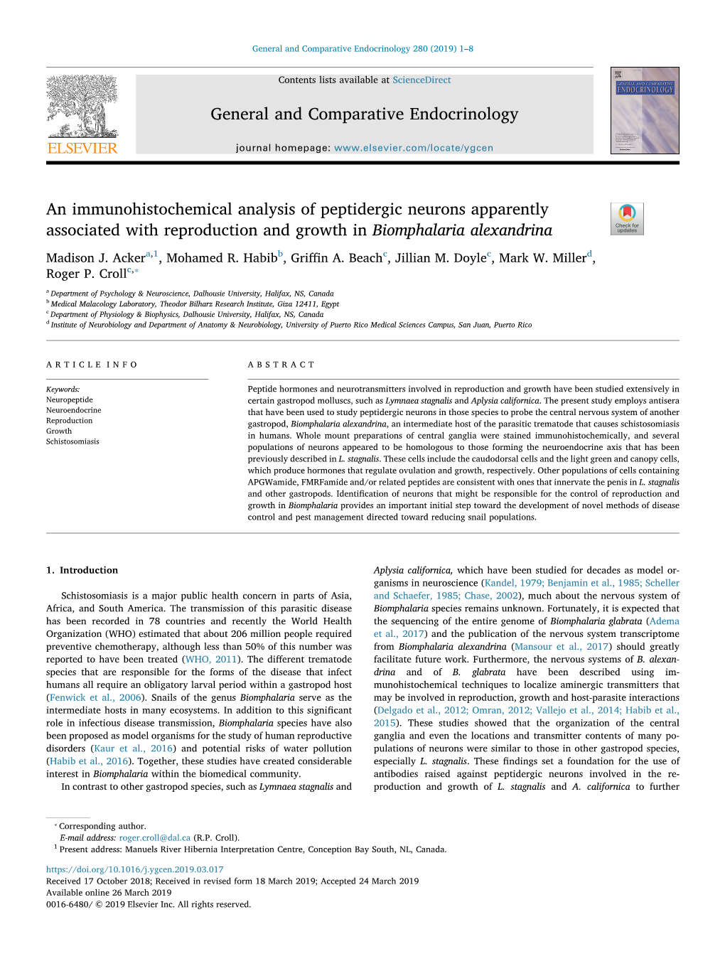 An Immunohistochemical Analysis of Peptidergic Neurons Apparently Associated with Reproduction and Growth in Biomphalaria Alexandrina T