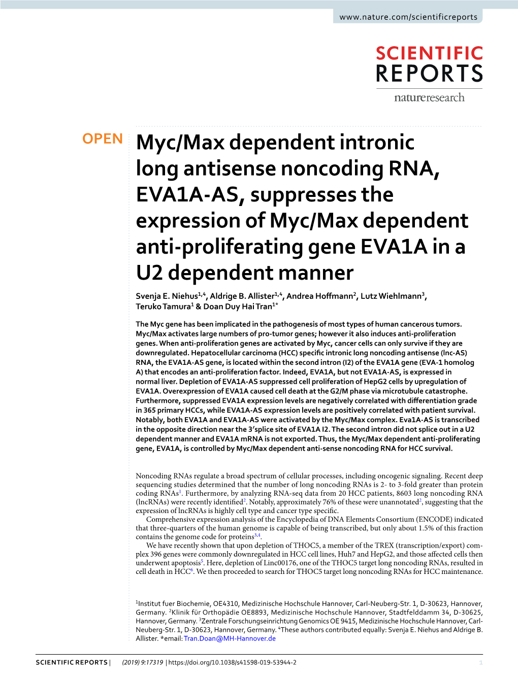 Myc/Max Dependent Intronic Long Antisense Noncoding RNA, EVA1A-AS, Suppresses the Expression of Myc/Max Dependent Anti-Prolifera
