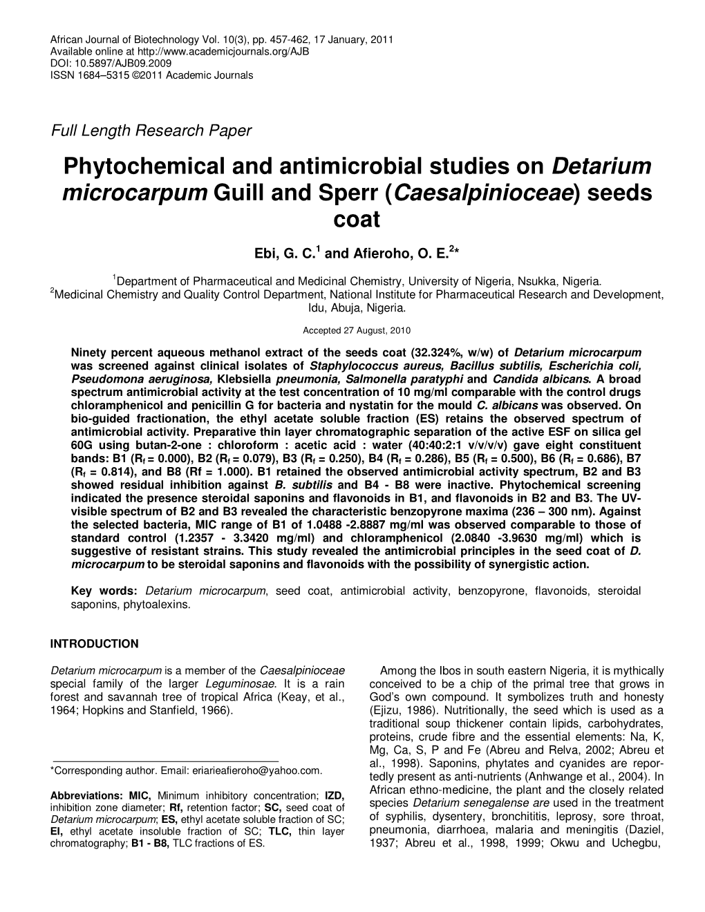 Phytochemical and Antimicrobial Studies on Detarium Microcarpum Guill and Sperr ( Caesalpinioceae ) Seeds Coat