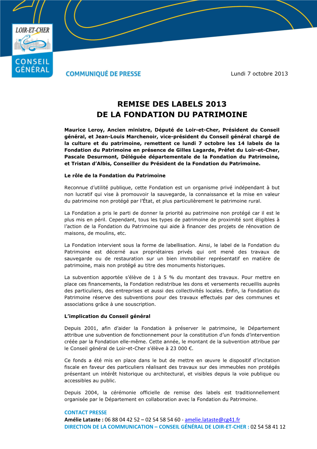07-10-13 CP Remise Des Labels Fondation Patrimoine