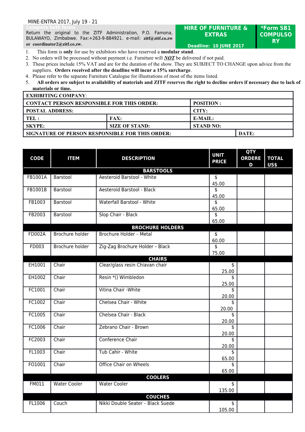 1. This Form Is Only for Use by Exhibitors Who Have Reserved a Modular Stand