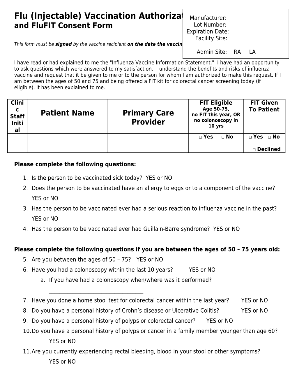 2010-2011 FLU Influenza Vaccination Authorization Record