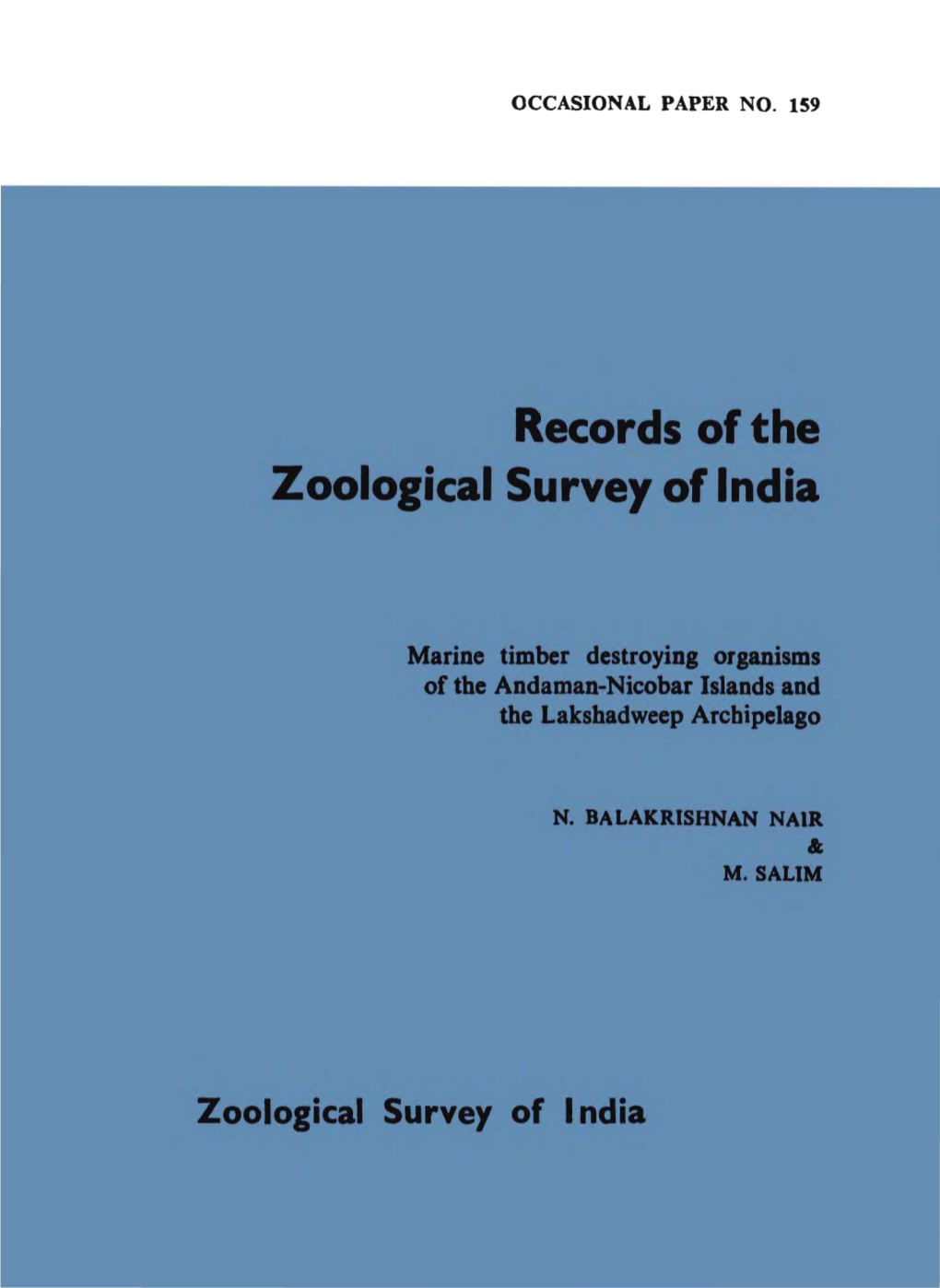 Occasional Paper No. 159 Records of the Zoological Survey of India