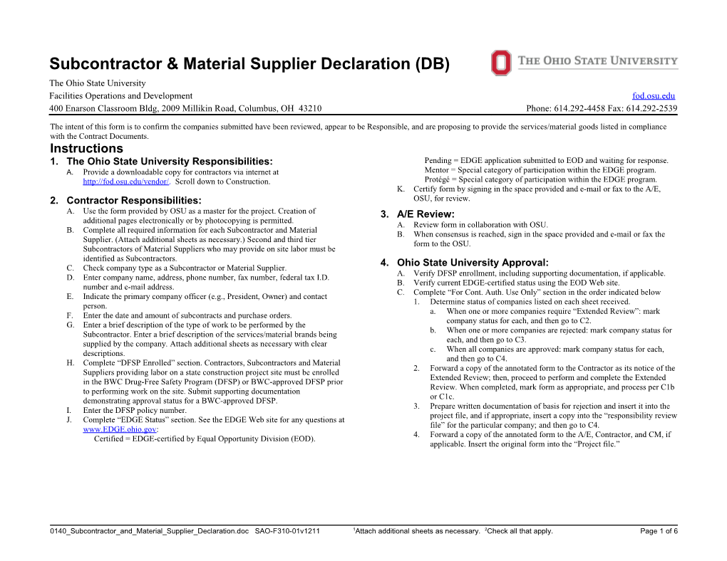F310-01 Subcontractor & Material Supplier Declaration Form