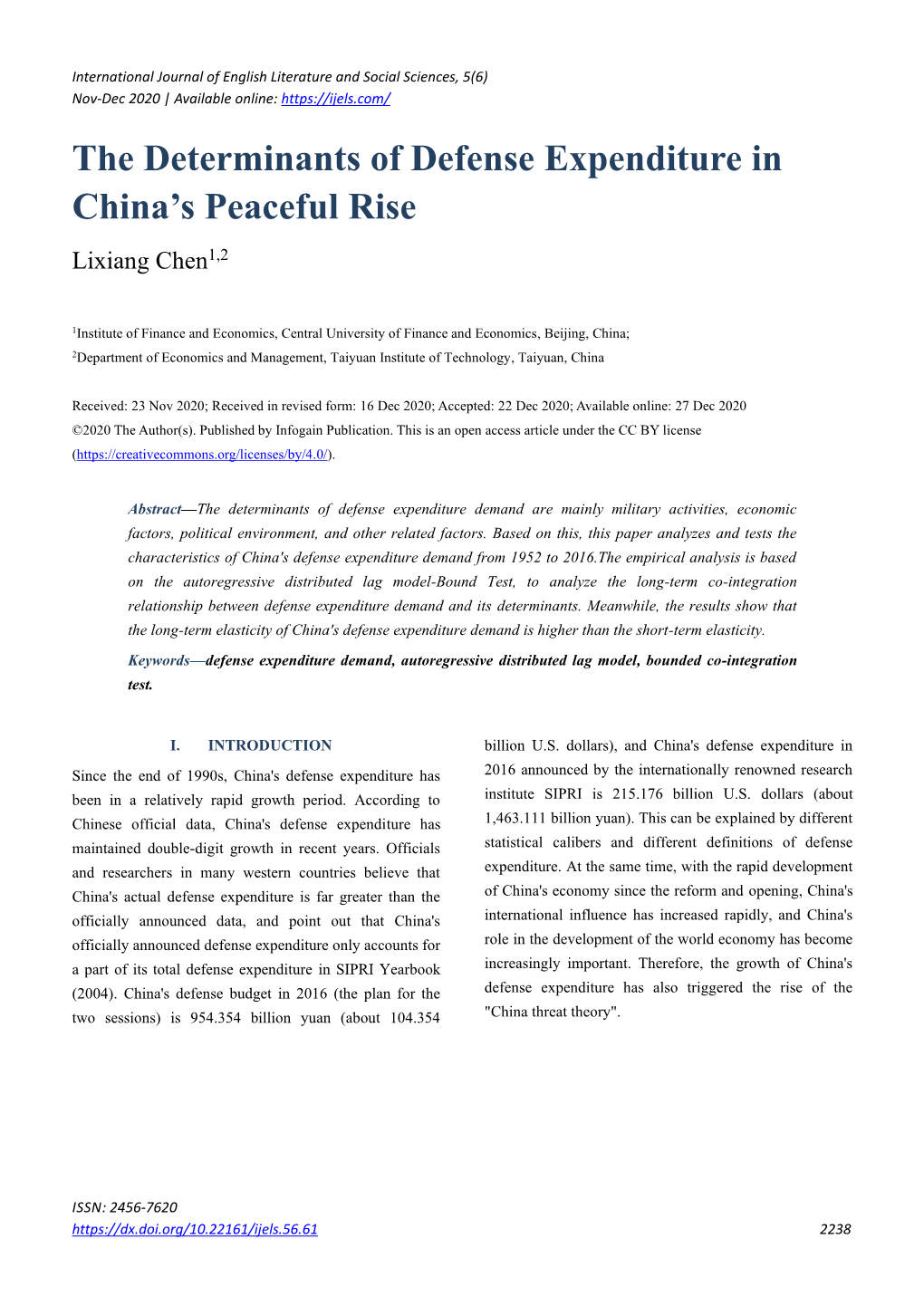 The Determinants of Defense Expenditure in China's Peaceful Rise