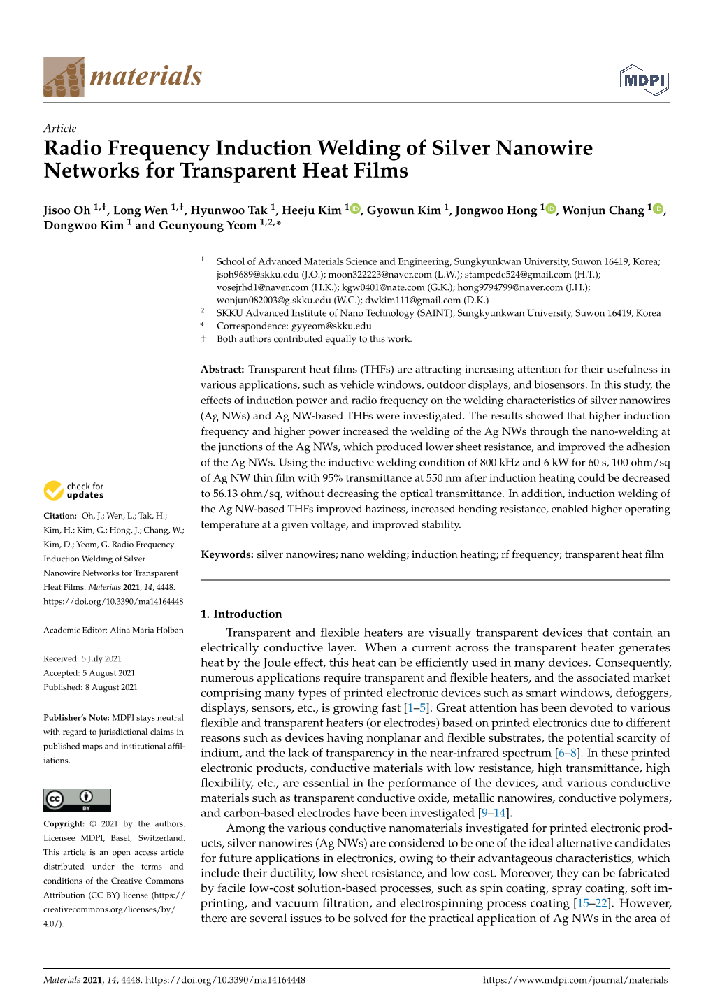 Radio Frequency Induction Welding of Silver Nanowire Networks for Transparent Heat Films