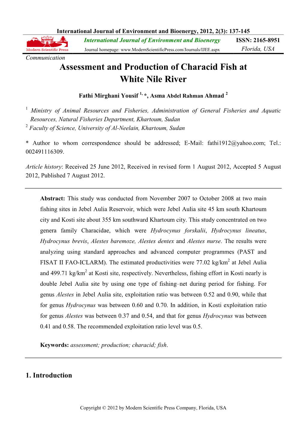 Assessment and Production of Characid Fish at White Nile River