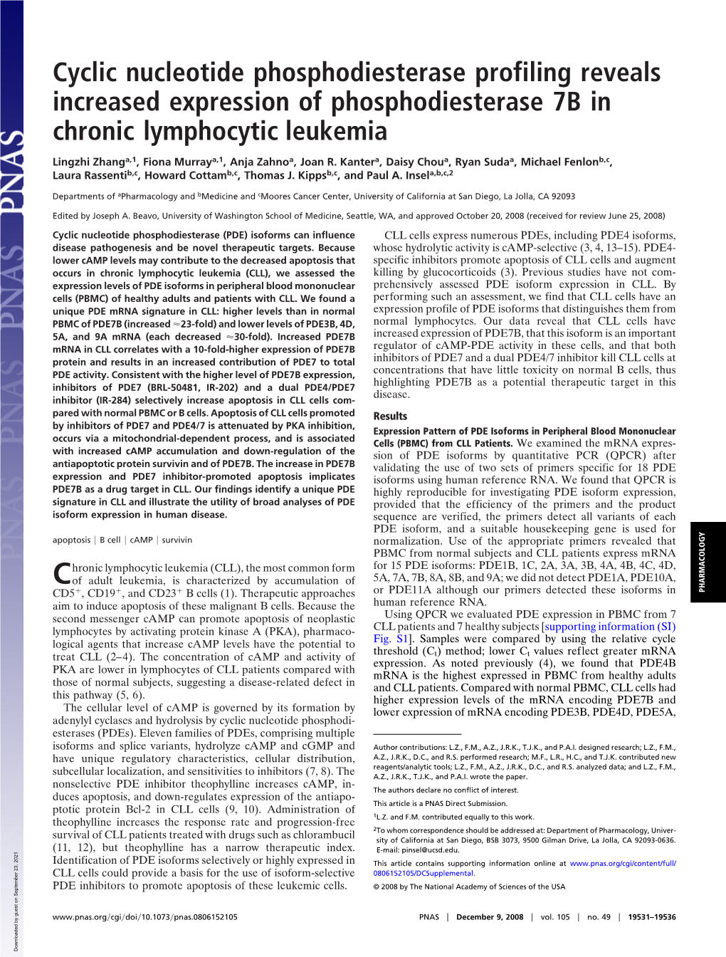 Cyclic Nucleotide Phosphodiesterase Profiling Reveals Increased Expression of Phosphodiesterase 7B in Chronic Lymphocytic Leukemia