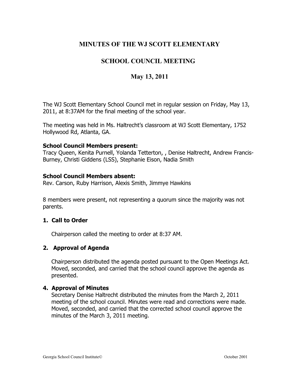 Sample Minutes of School Council Meetings