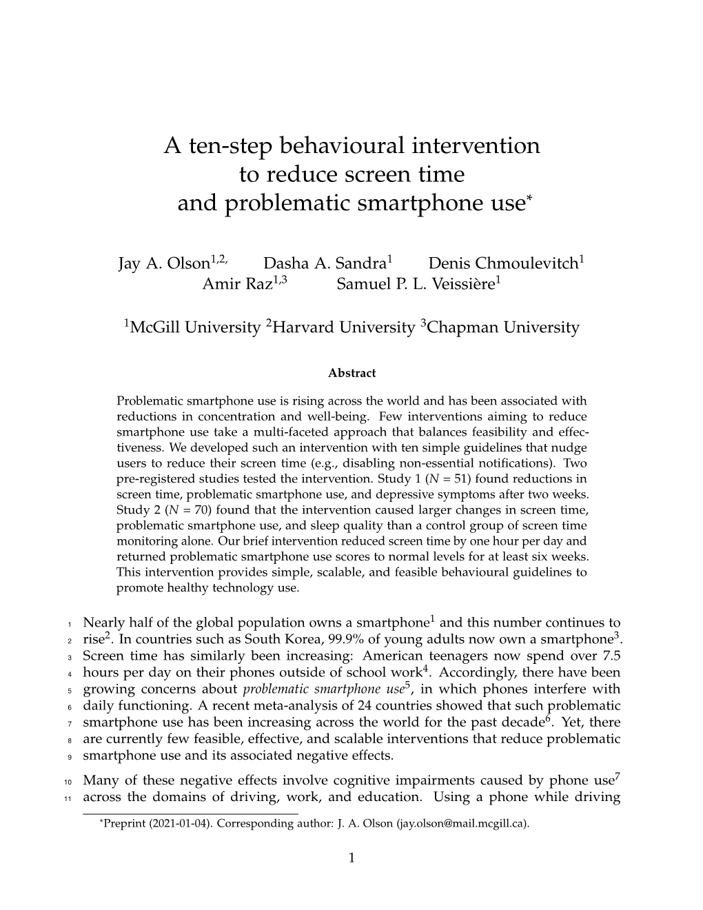 A Ten-Step Behavioural Intervention to Reduce Screen Time and Problematic Smartphone Use*