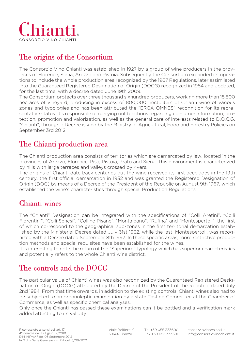 The Origins of the Consortium the Chianti Production Area Chianti