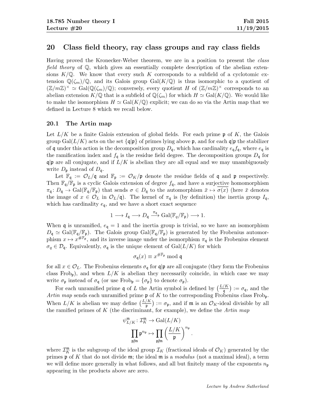 20 Class Field Theory, Ray Class Groups and Ray Class Fields