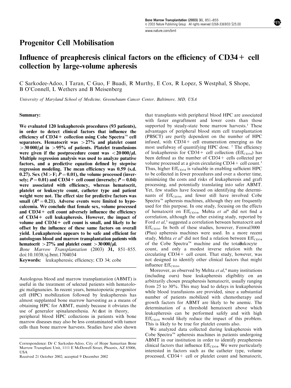 Progenitor Cell Mobilisation Influence of Preapheresis Clinical Factors On