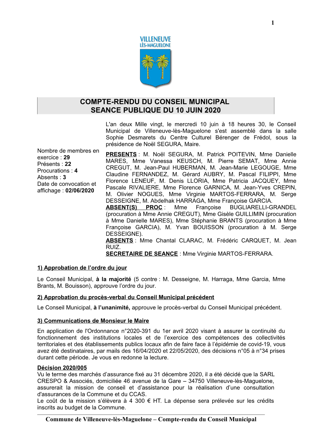 Compte-Rendu Du Conseil Municipal Seance Publique Du 10 Juin 2020