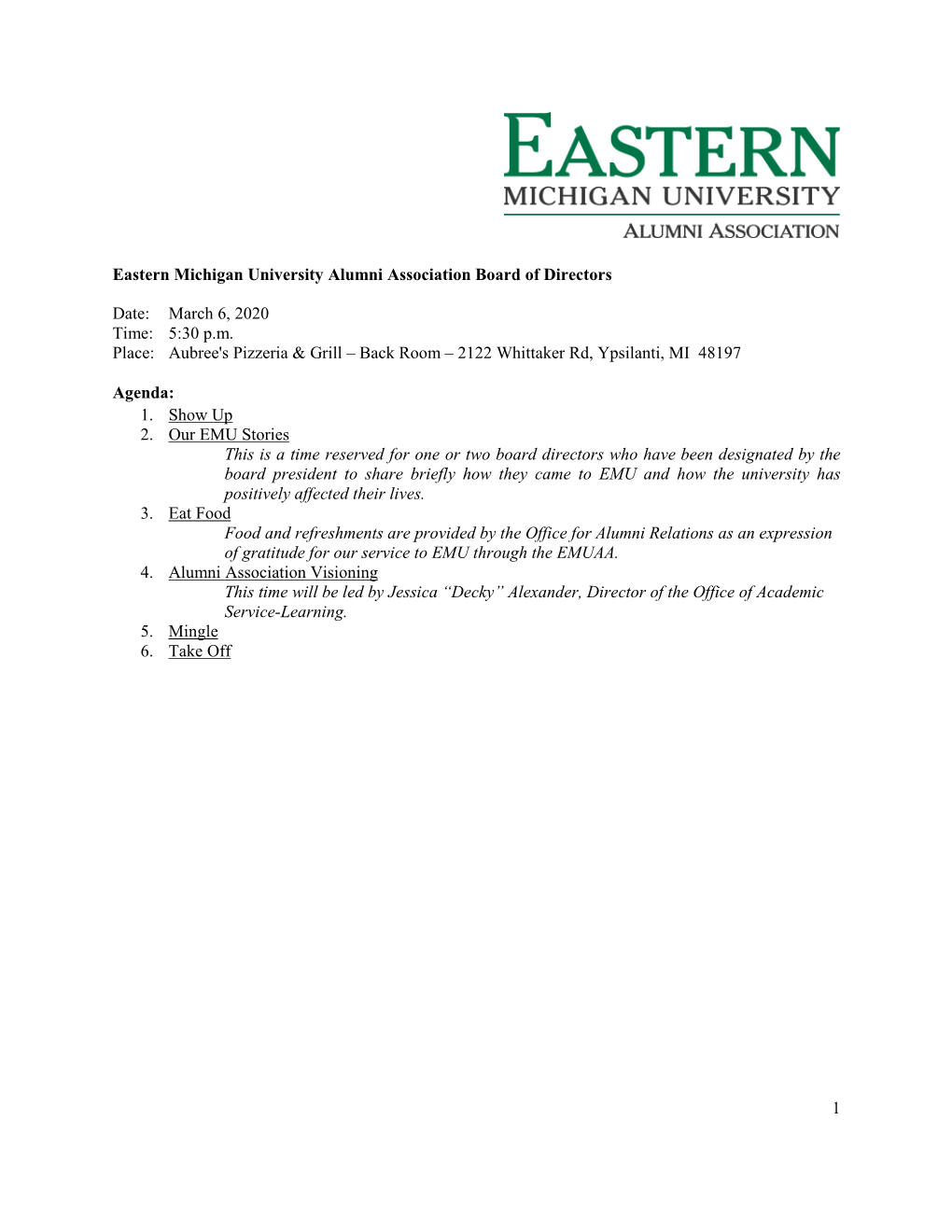 1 Eastern Michigan University Alumni Association Board of Directors Date