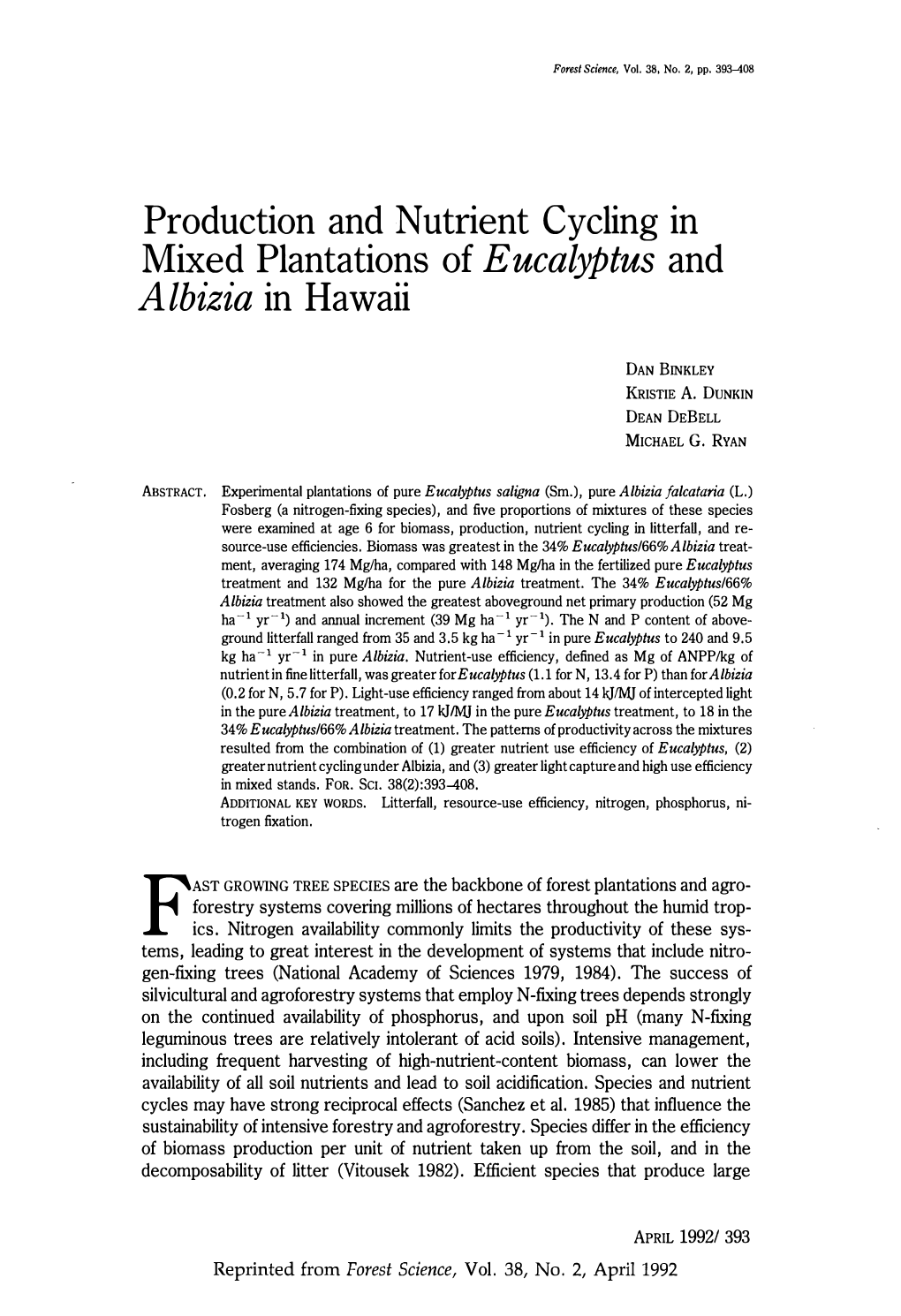 Production and Nutrient Cycling in Mixed Plantations of Eucalyptus and Albizia in Hawaii