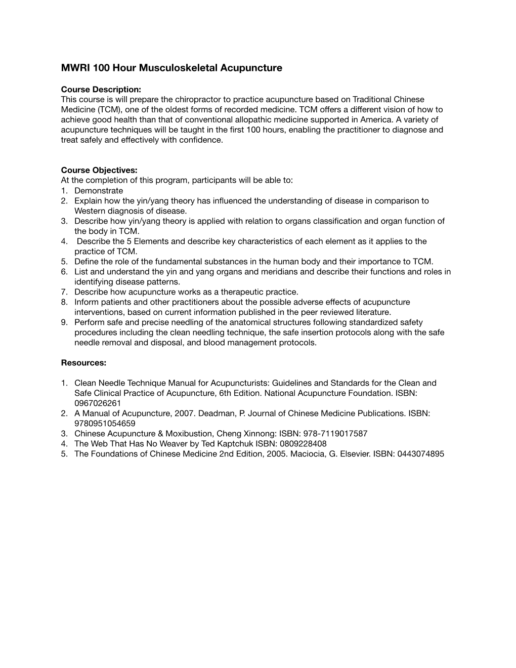 MWRI 100 Hour Musculoskeletal Acupuncture