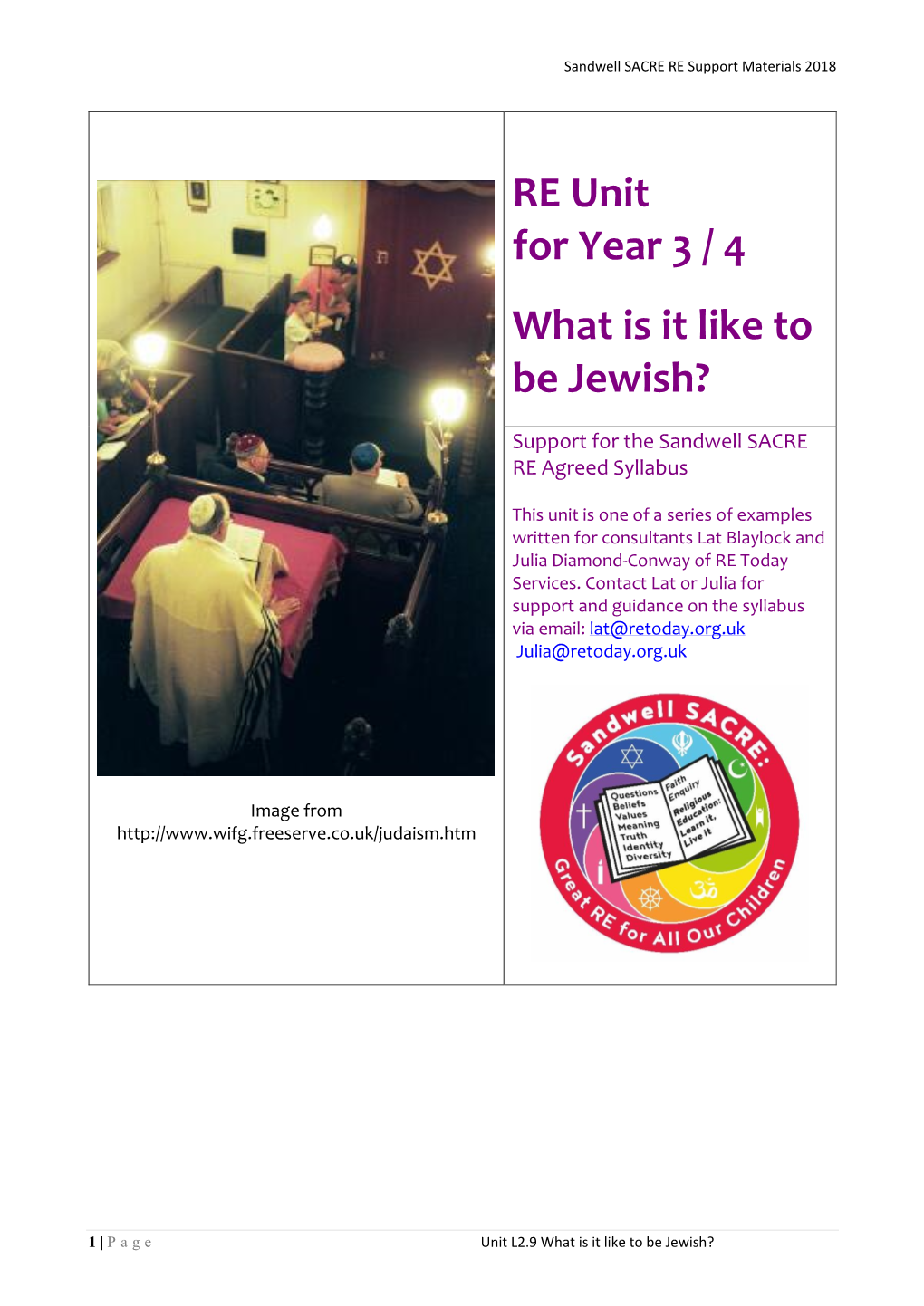 RE Unit for Year 3 / 4 What Is It Like to Be Jewish?