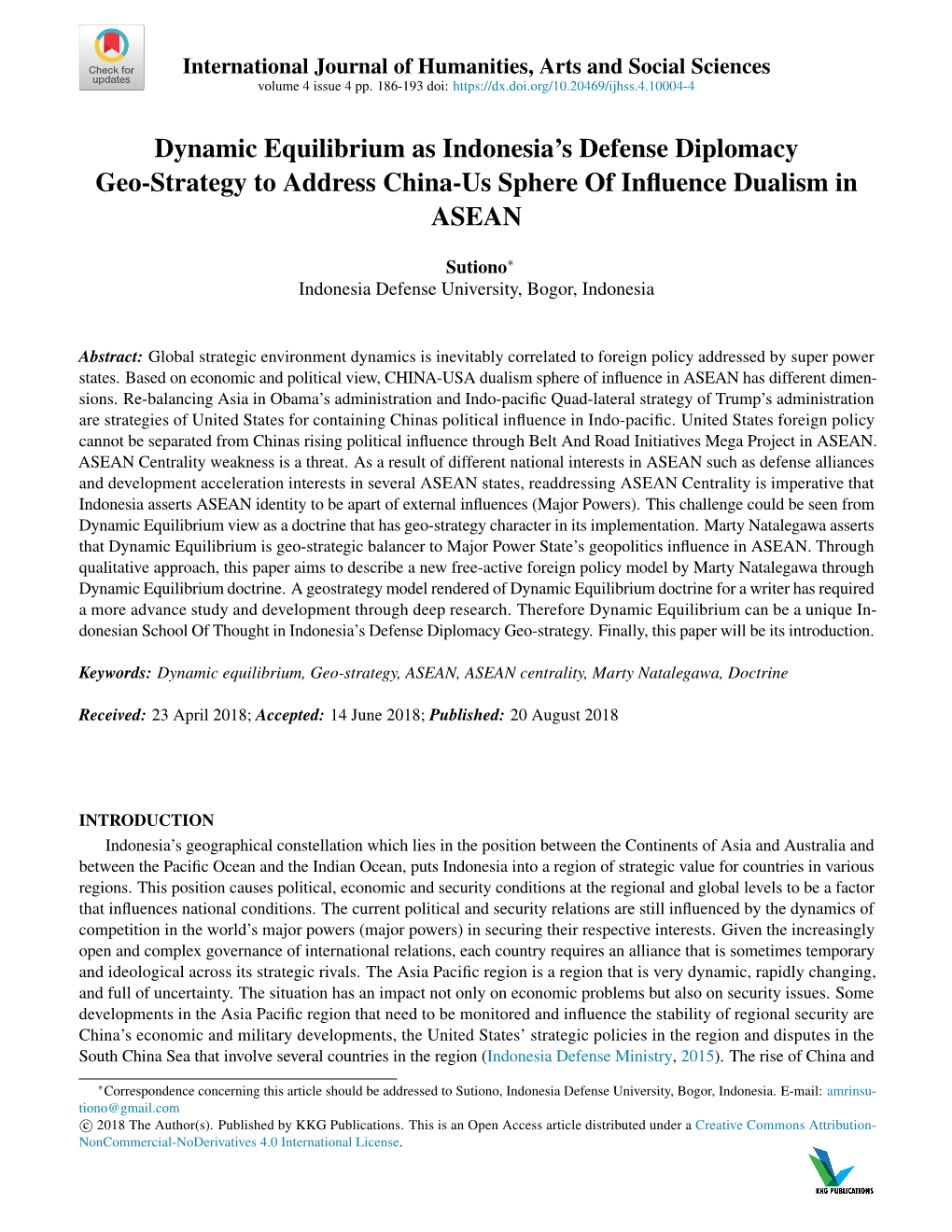 Dynamic Equilibrium As Indonesia's Defense Diplomacy Geo-Strategy To