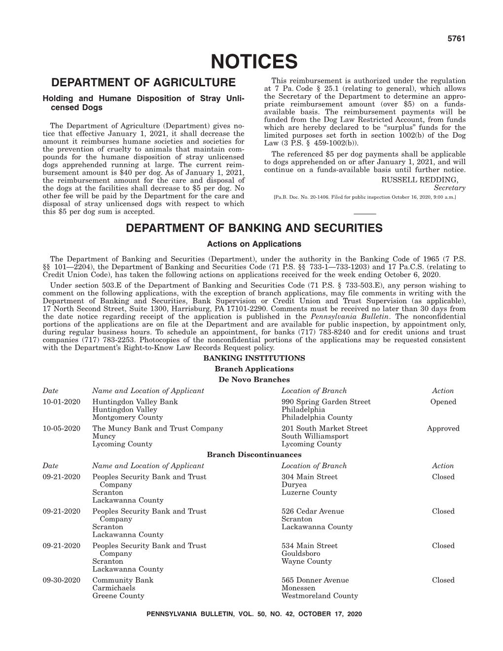 NOTICES This Reimbursement Is Authorized Under the Regulation DEPARTMENT of AGRICULTURE at 7 Pa