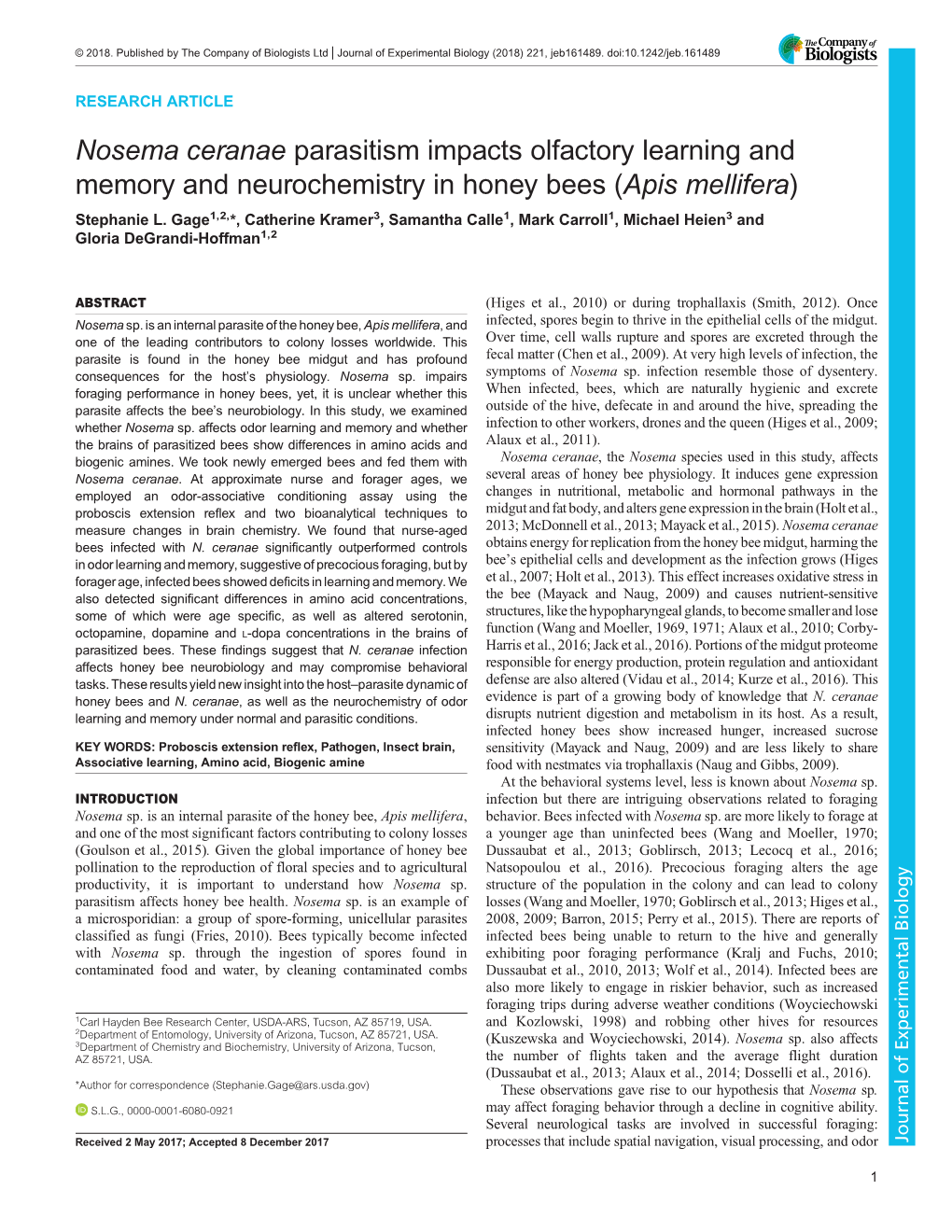 Nosema Ceranae Parasitism Impacts Olfactory Learning and Memory and Neurochemistry in Honey Bees (Apis Mellifera) Stephanie L