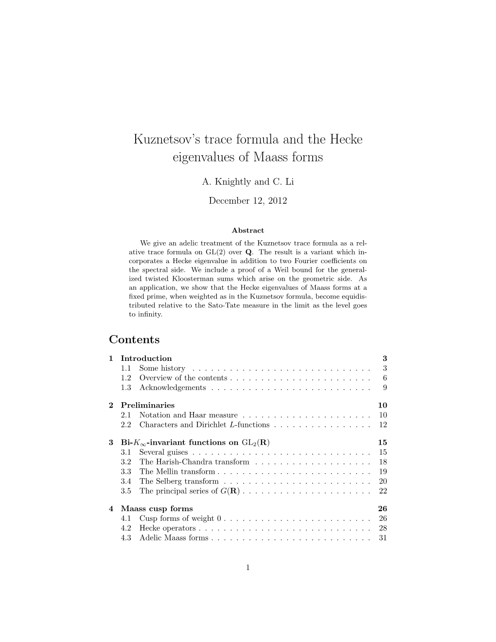 Kuznetsov's Trace Formula and the Hecke Eigenvalues of Maass Forms