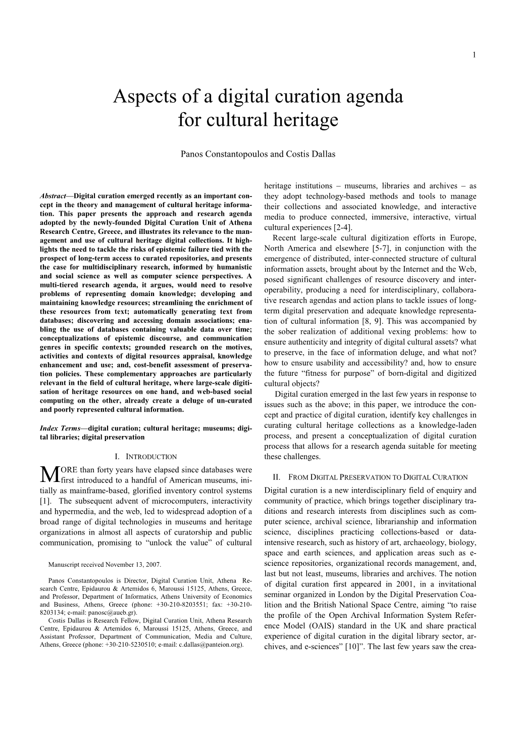 Aspects of a Digital Curation Agenda for Cultural Heritage