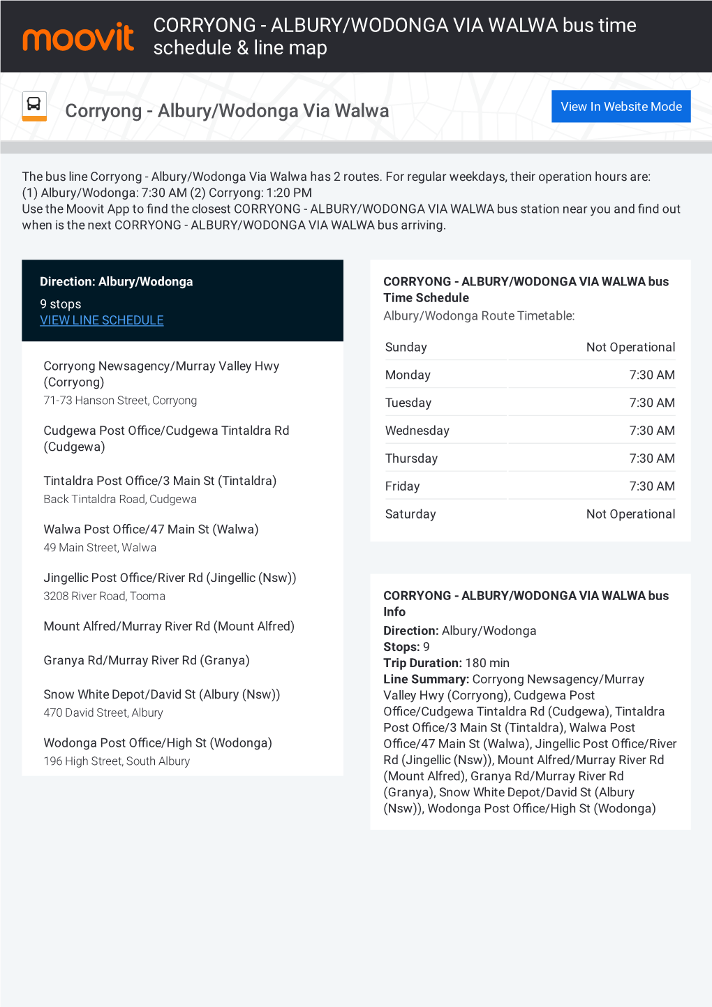 CORRYONG - ALBURY/WODONGA VIA WALWA Bus Time Schedule & Line Map