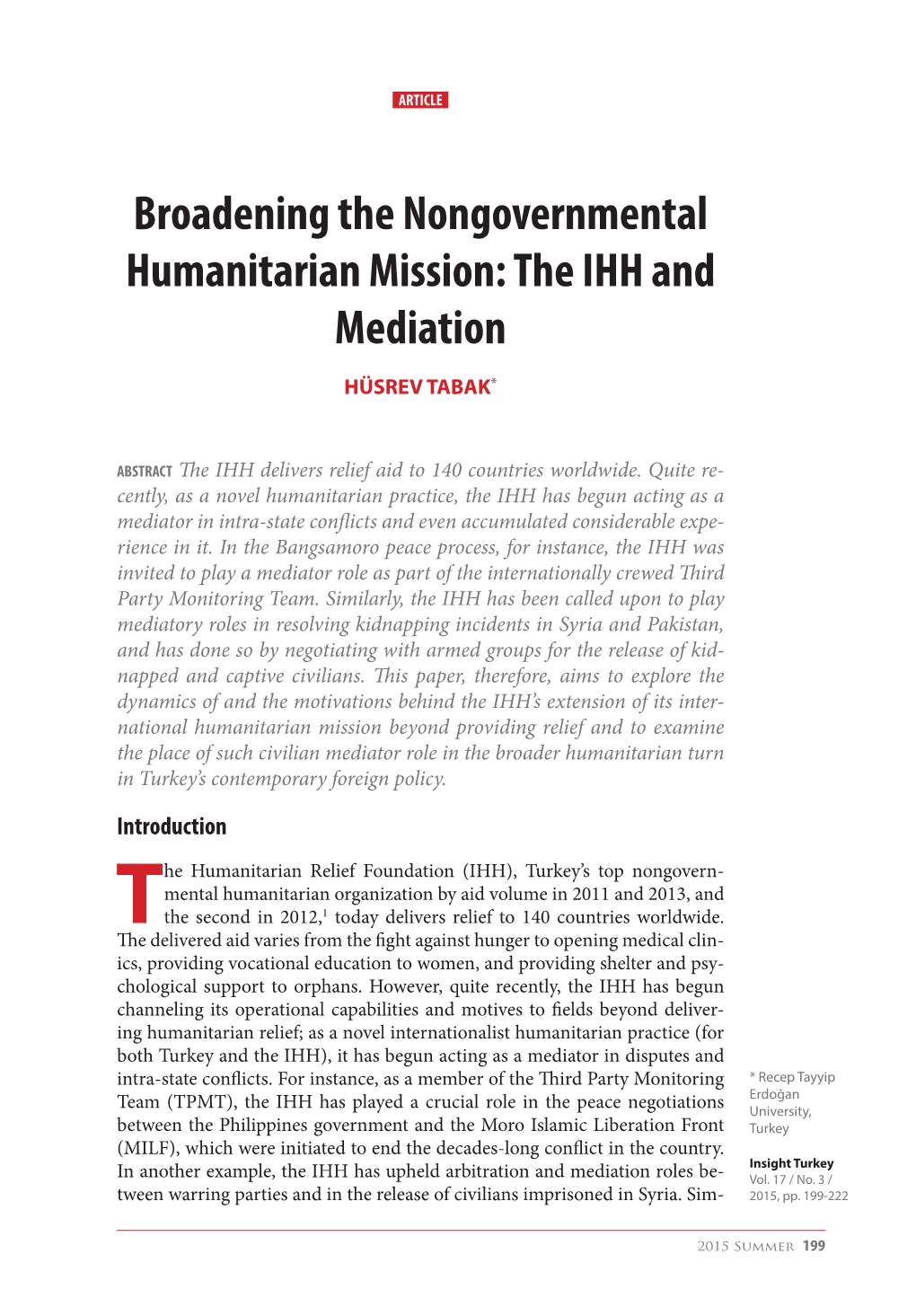 Broadening the Nongovernmental Humanitarian Mission: the Ihh and Mediation