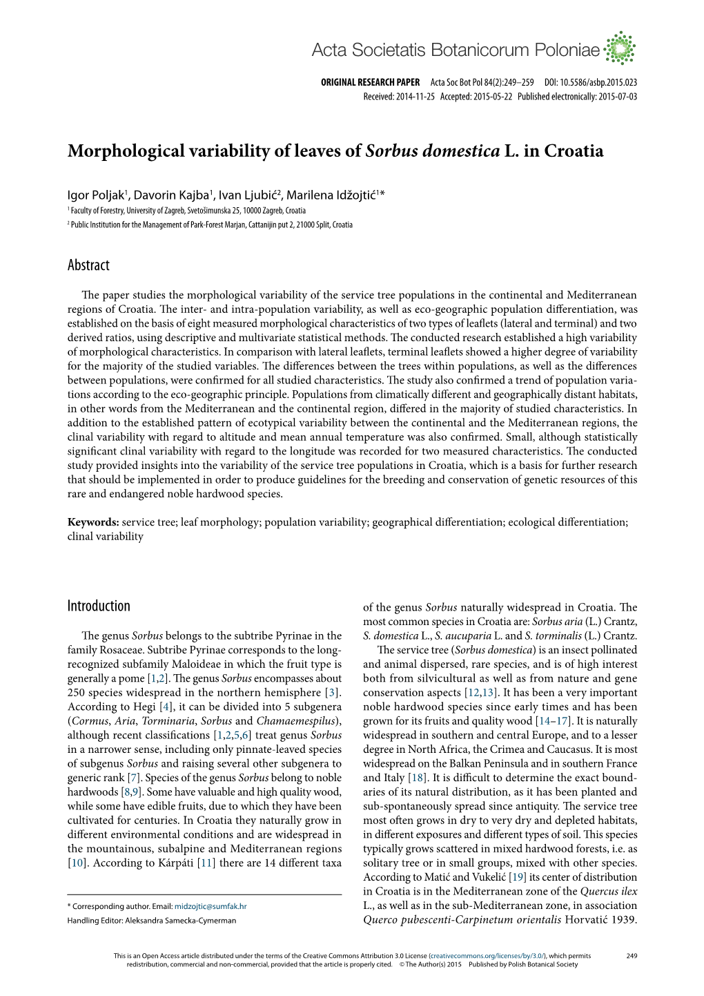 Morphological Variability of Leaves of Sorbus Domestica L. in Croatia