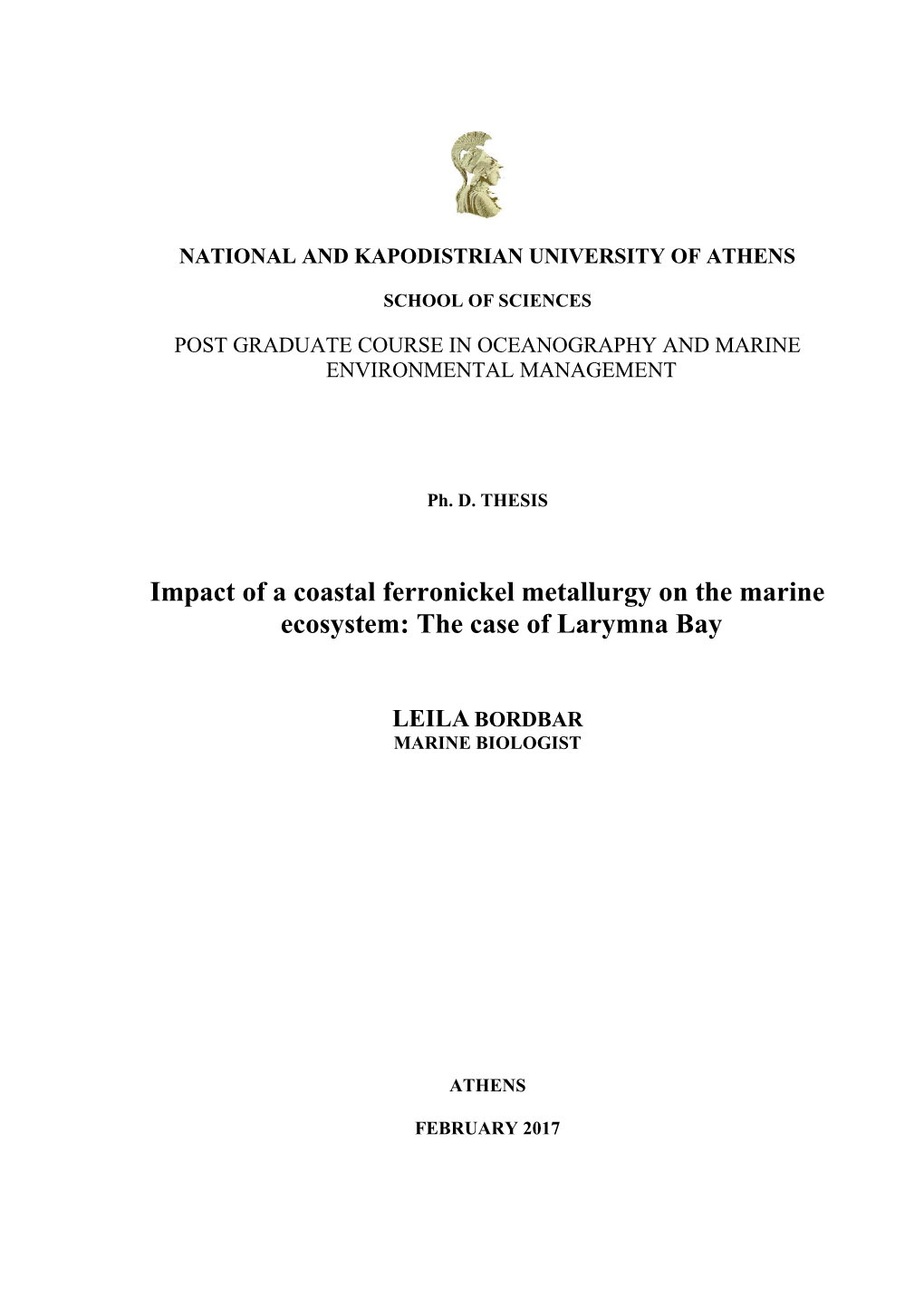 Impact of a Coastal Ferronickel Metallurgy on the Marine Ecosystem: the Case of Larymna Bay
