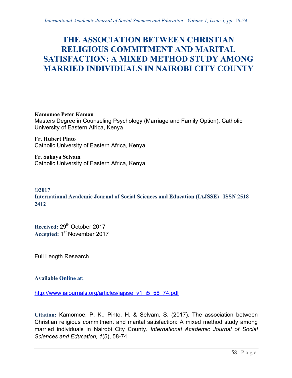 The Association Between Christian Religious Commitment and Marital Satisfaction: a Mixed Method Study Among Married Individuals in Nairobi City County