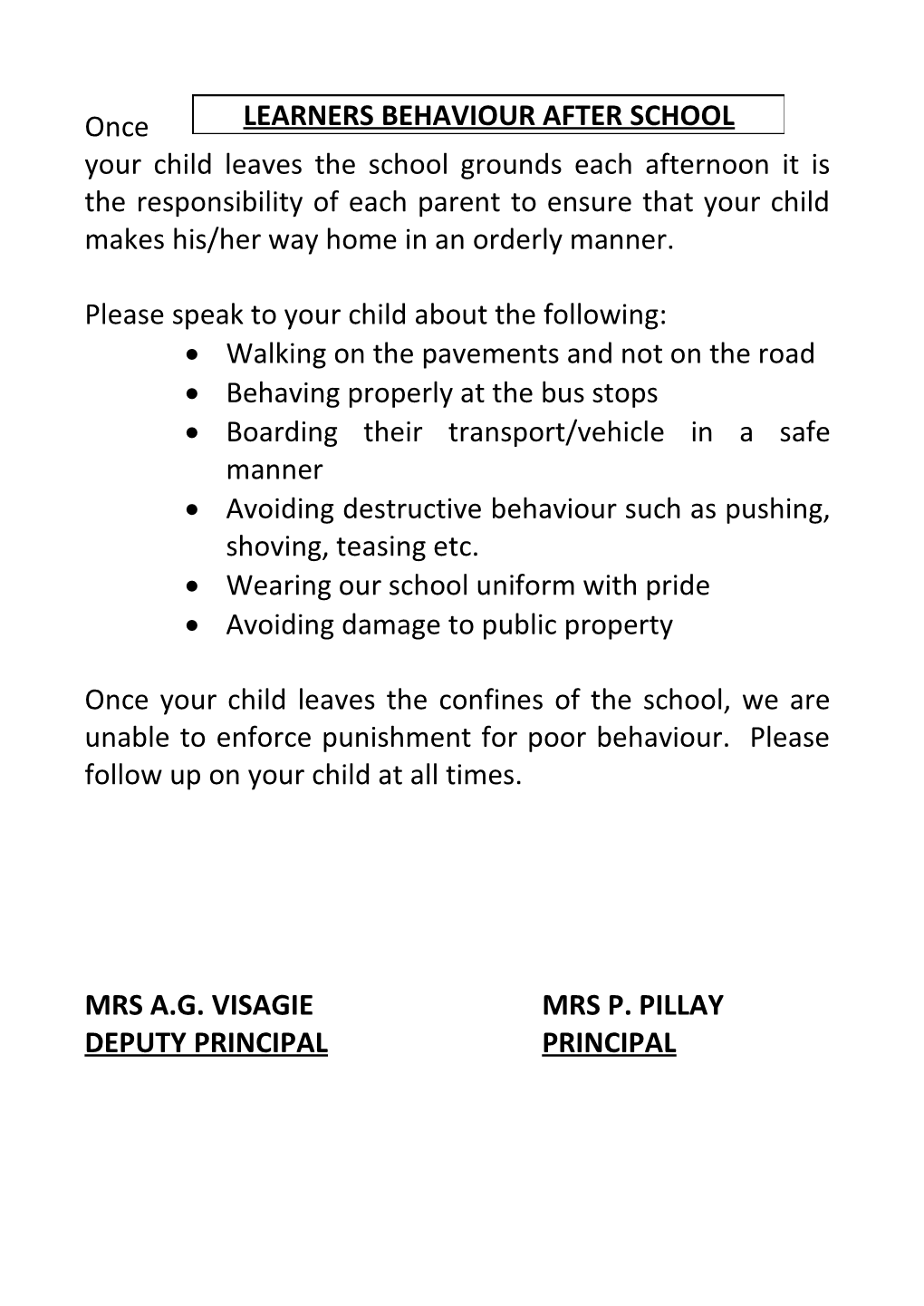 Please Speak to Your Child About the Following