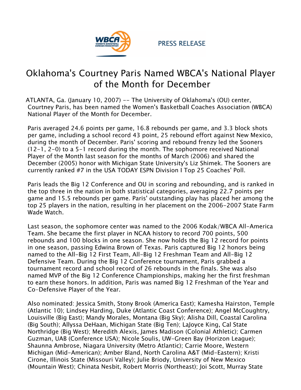 Oklahoma's Courtney Paris Named WBCA's National Player of the Month for December 2006-07 011007