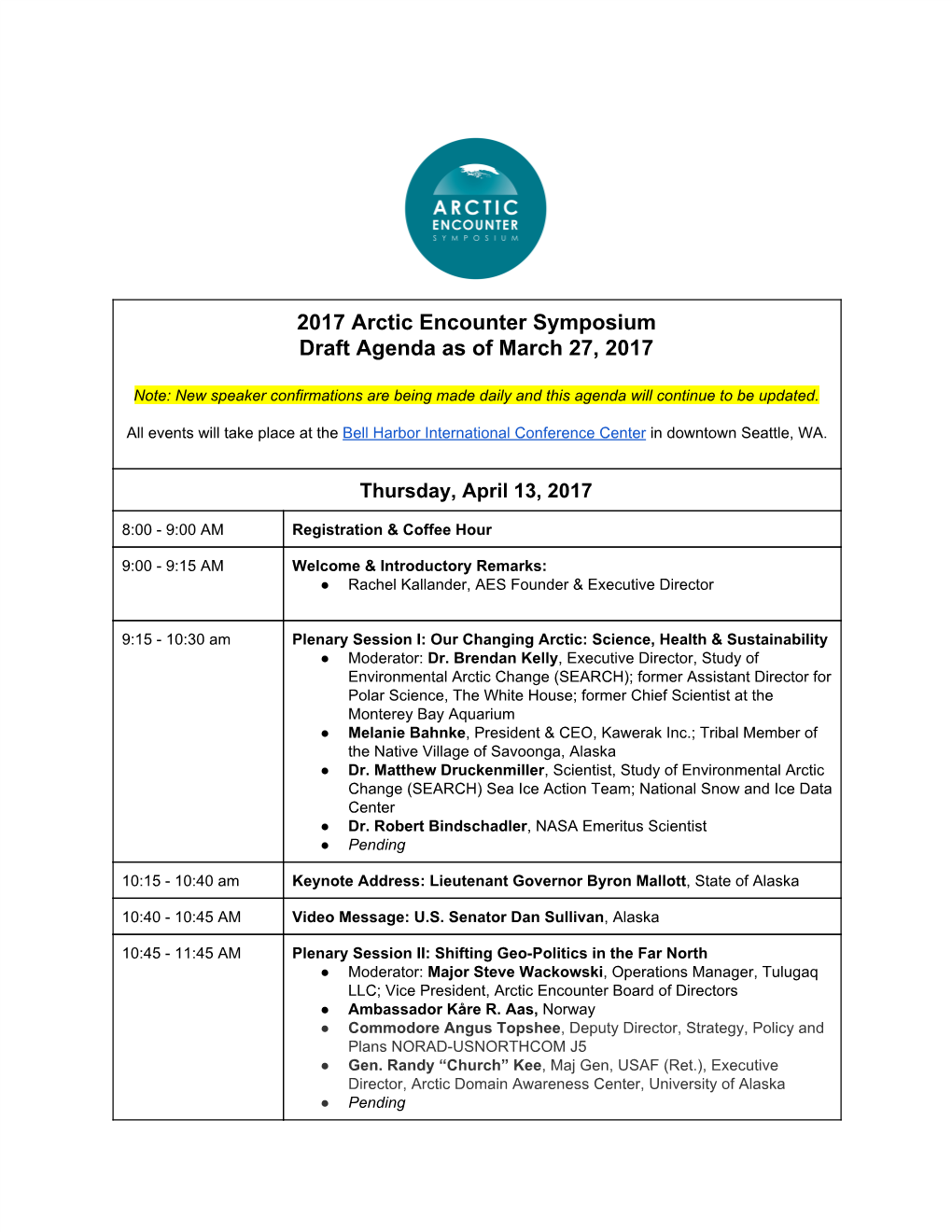 2017 Arctic Encounter Symposium Draft Agenda As of March 27, 2017