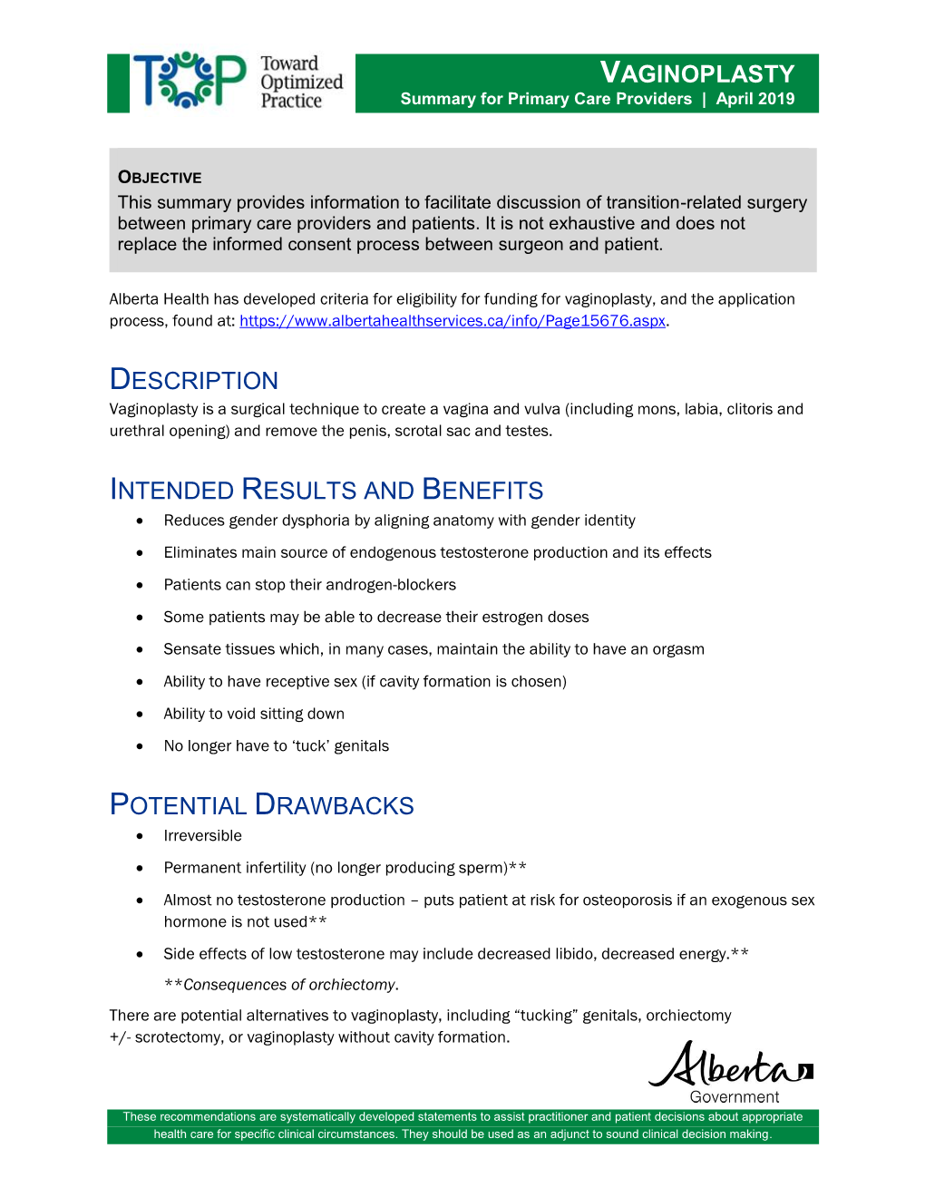 Vaginoplasty: Summary for Primary Care Providers