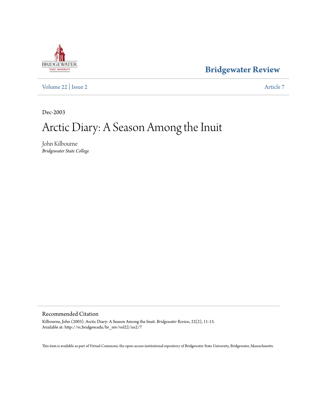 Arctic Diary: a Season Among the Inuit John Kilbourne Bridgewater State College