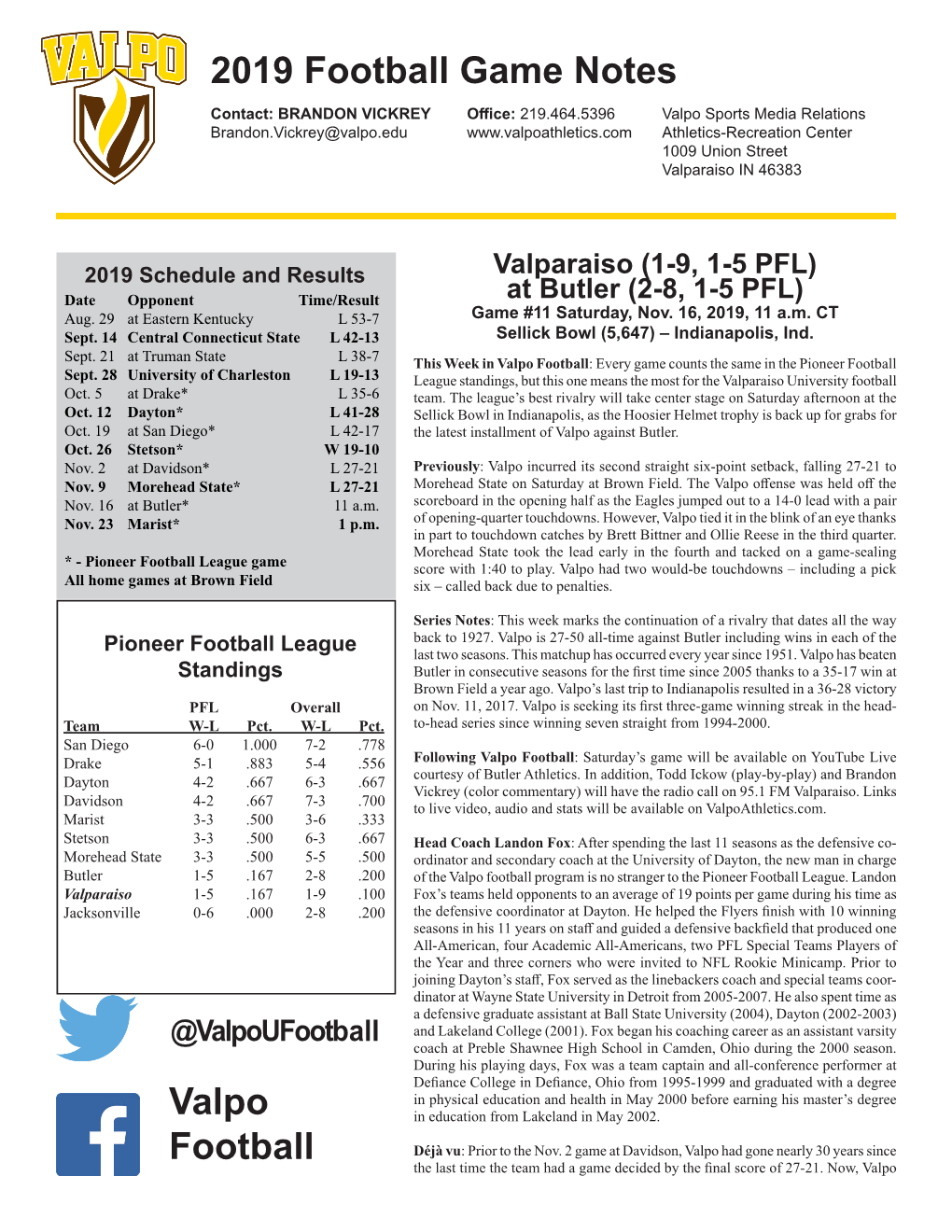 2019 Football Game Notes Valpo Football