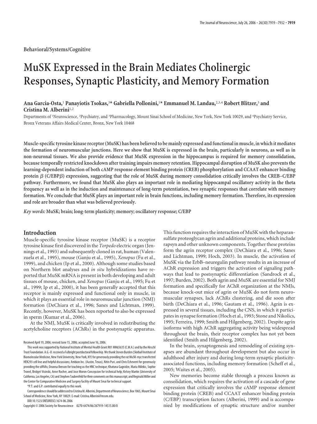 Musk Expressed in the Brain Mediates Cholinergic Responses, Synaptic Plasticity, and Memory Formation