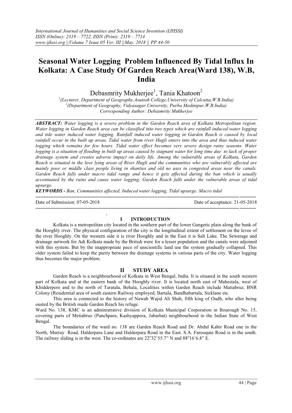 Seasonal Water Logging Problem Influenced by Tidal Influx in Kolkata: a Case Study of Garden Reach Area(Ward 138), W.B, India