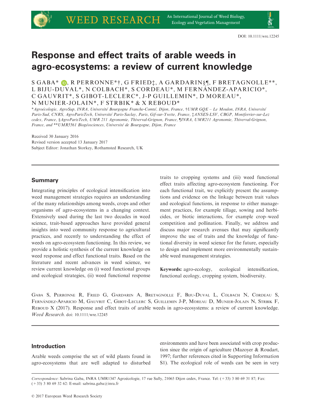 Response and Effect Traits of Arable Weeds in Agro&#X2010