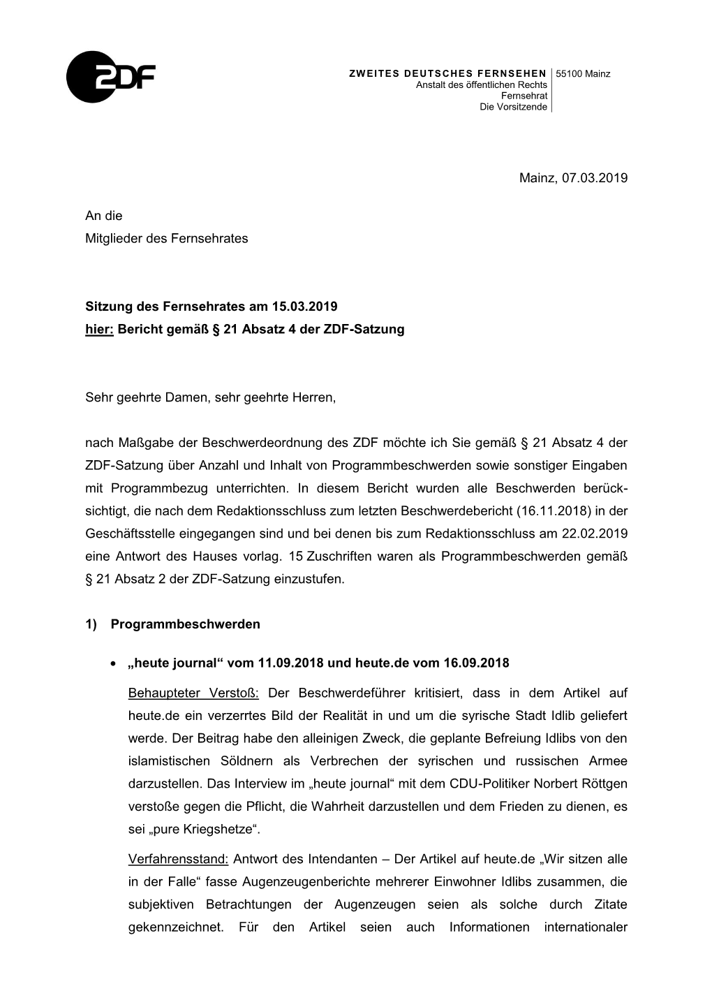 Bericht Gemäß § 21 Absatz 4 Der ZDF-Satzung