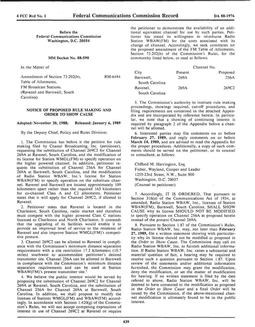 Federal Communications Commission Record DA 88-1976