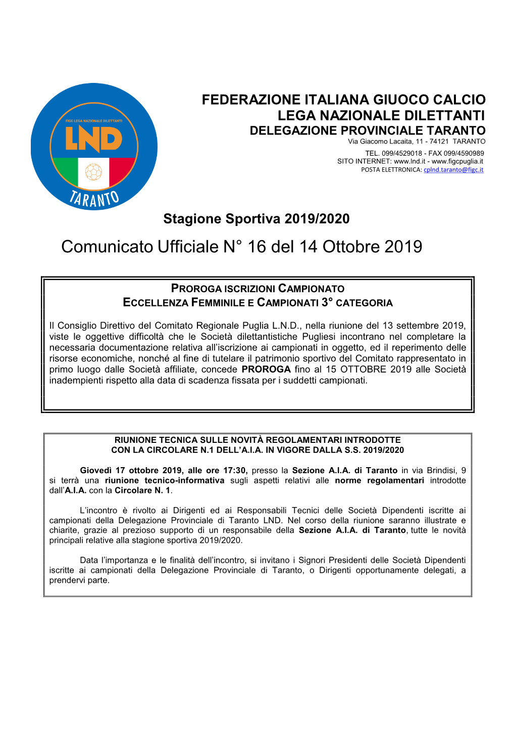 Comunicato Ufficiale N° 16 Del 14 Ottobre 2019